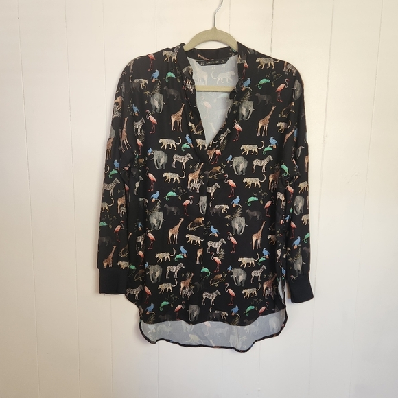 ZARA Black Jungle Animals Print Top Blouse Shirt Tunic V-Neck Size Small - Picture 2 of 10